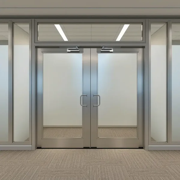Commercial double glass doors with aluminum frames, designed for modern corporate office environments and professional workspaces.